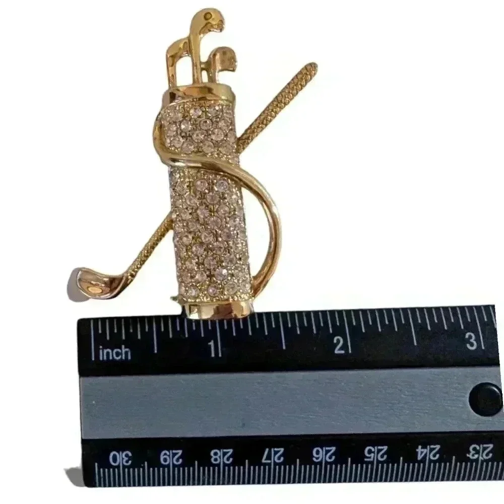 Golf Bag Rhinestone Brooch | Vintage Golfing Sweater Pin | 1980s Gold Tone Metal - Picture 7 of 7